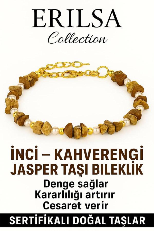 Sertifikalı Kırık Taşlı Model İnci – Kahverengi Jasper Taşı Bileklik – Enerji ve Denge - Image 1