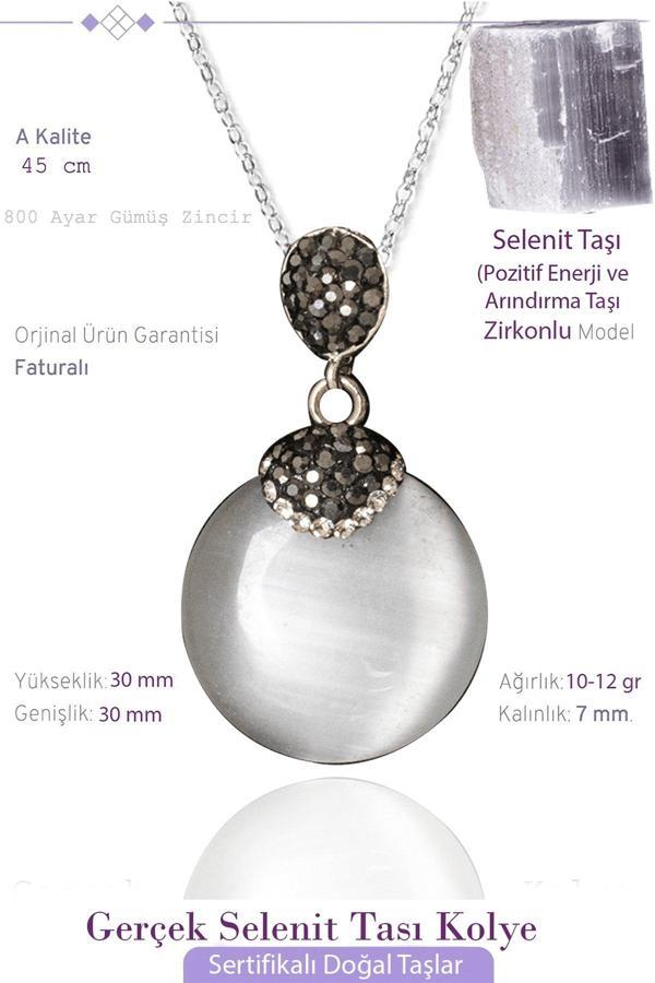 Sertifikalı Zirkon Model Taşlı Yuvarlak Selenit Taşı Kolye - Image 1