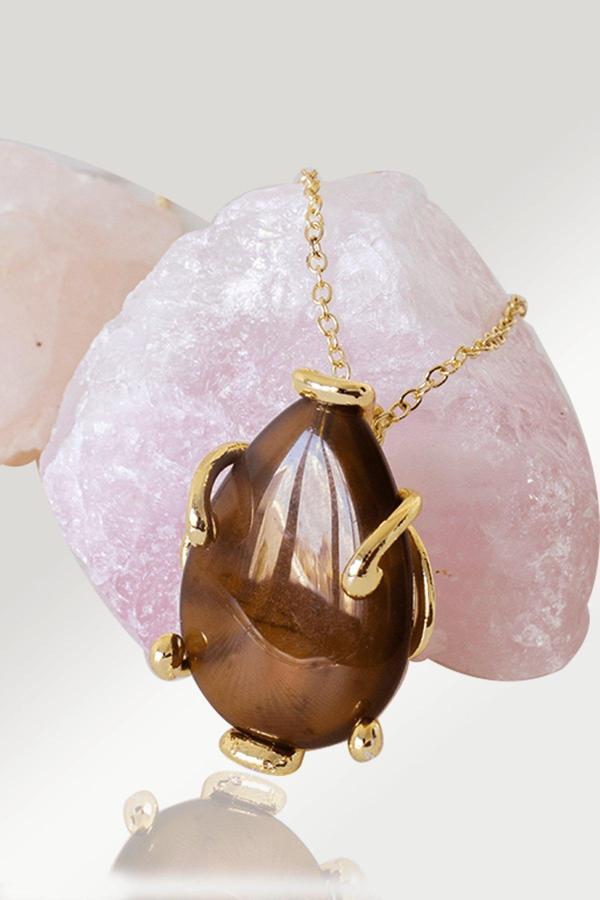 Sertifikalı AAA+ Damla Tırnaklı Kahverengi Akik Taşı Kolye - Altın Renkli - Image 1