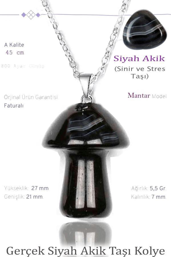 Sertifikalı Mantar Model Siyah Akik Taşı Kolye - G1ümüş Aparatlı - Image 1