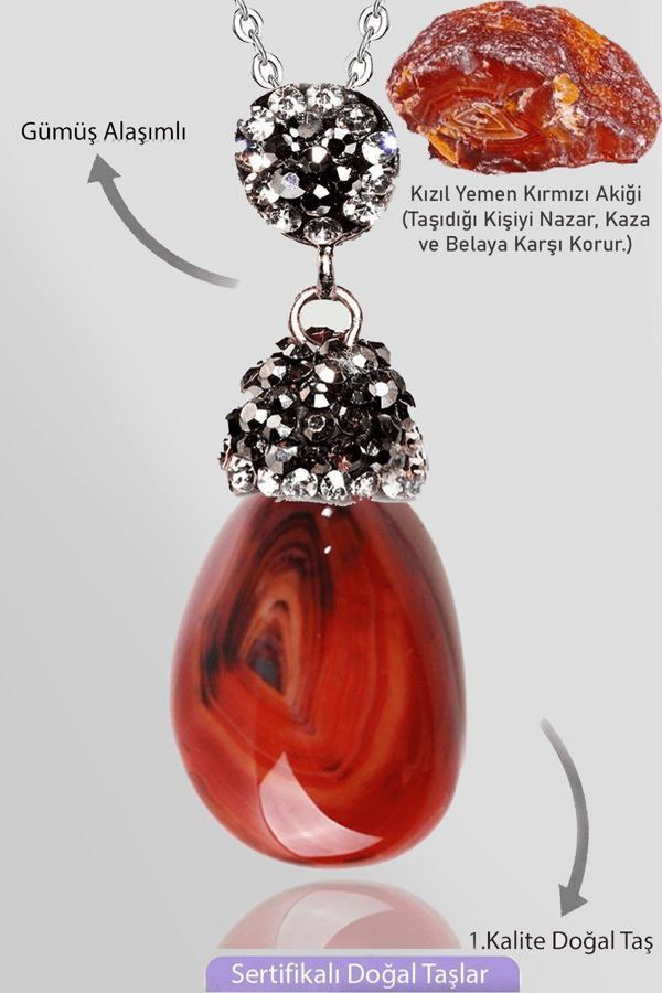 Sertifikalı Zirkon Taşlı Model Ham Kızıl Yemen Akik Taşı Kolye - Image 1