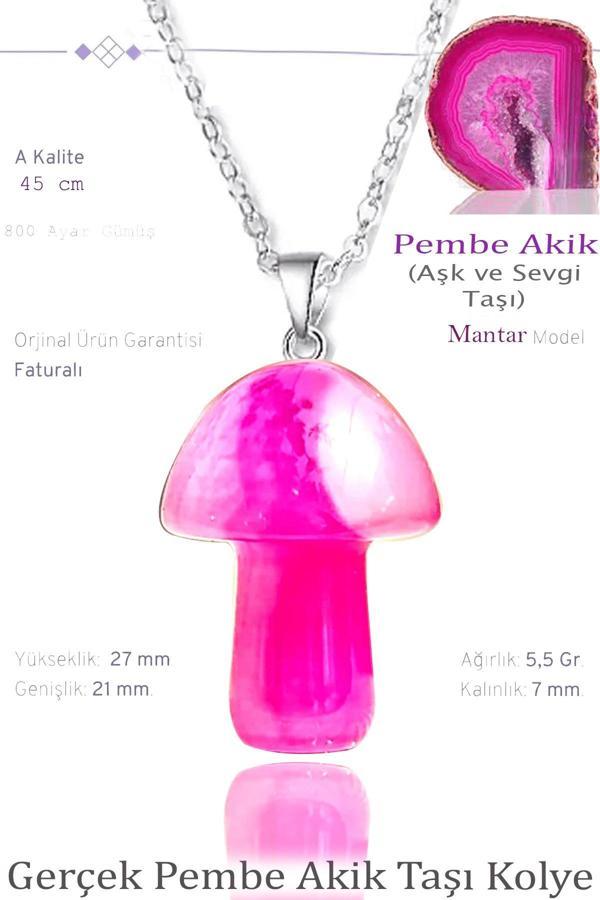 Sertifikalı Mantar Model Pembe Akik Taşı Kolye - Gümüş Aparatlı - Image 1