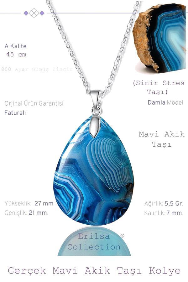 Sertifikalı Damla Model Gerçek Mavi Akik Taşı Kolye - Gümüş Aparatlı - Image 1