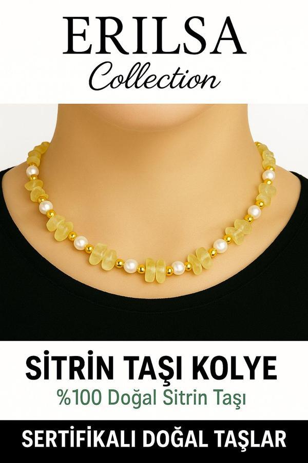 Sertifikalı Kırık Taşlı Model İnci – Sitrin Taşı Kolye – Pozitif Enerji ve Bolluk - Image 1