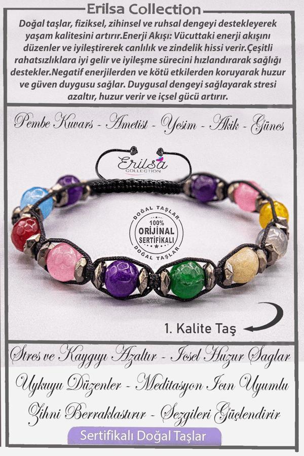 Sertifikalı AAA+ Kalite Fasetli Akuamarin - Ametist - Pembe Kuvars - Akik - Yeşim Taşı Bileklik - Image 1