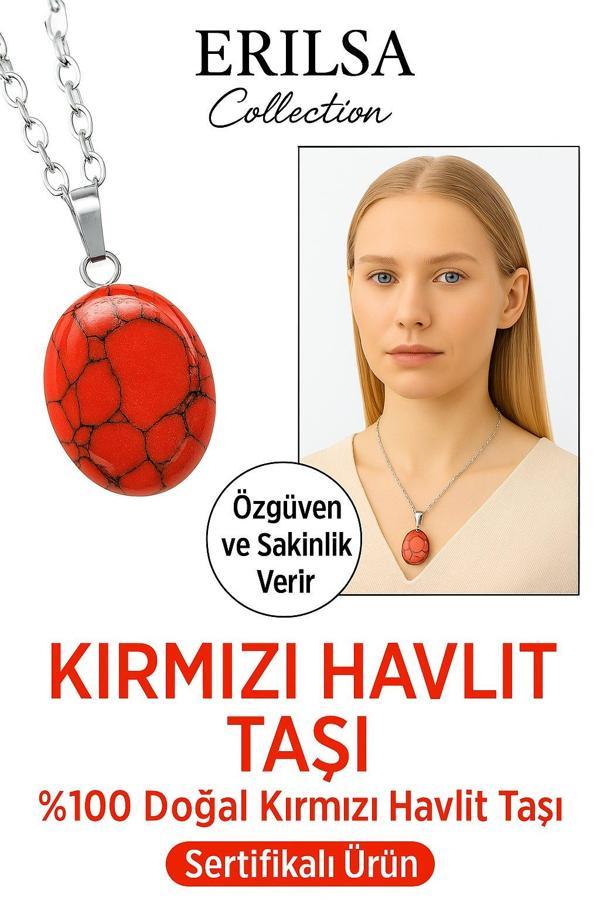 Sertifikalı AAA+ Oval Kırmızı Havlit Taşı Kolye - Gümüş Aparatlı Öfkeyi Azaltır Zihni Sakinleştirir - Image 1