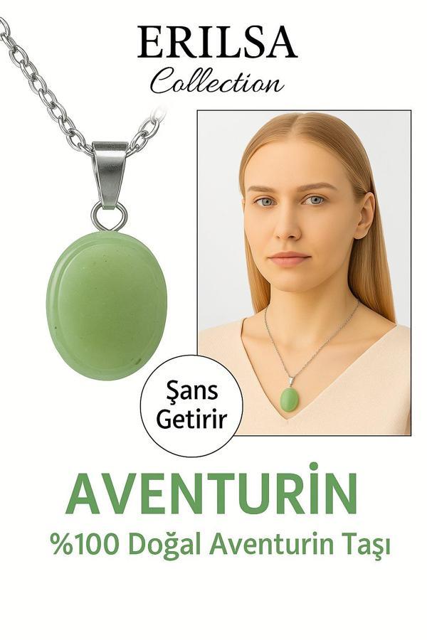 Sertifikalı AAA+ Oval Aventurin Taşı Doğal Taş Kolye - Gümüş Aparatlı Şans ve Bolluk Getirir - Image 1