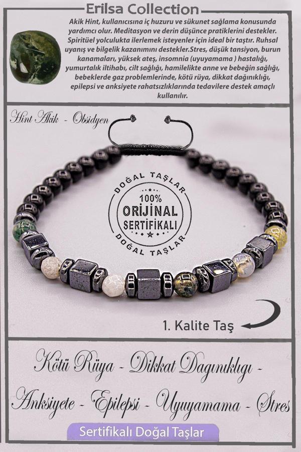 Sertifikalı AAA+ Kalite Gerçek Obsidyen - Hint Akik Taşı Bileklik - Ayarlamalı - Image 1