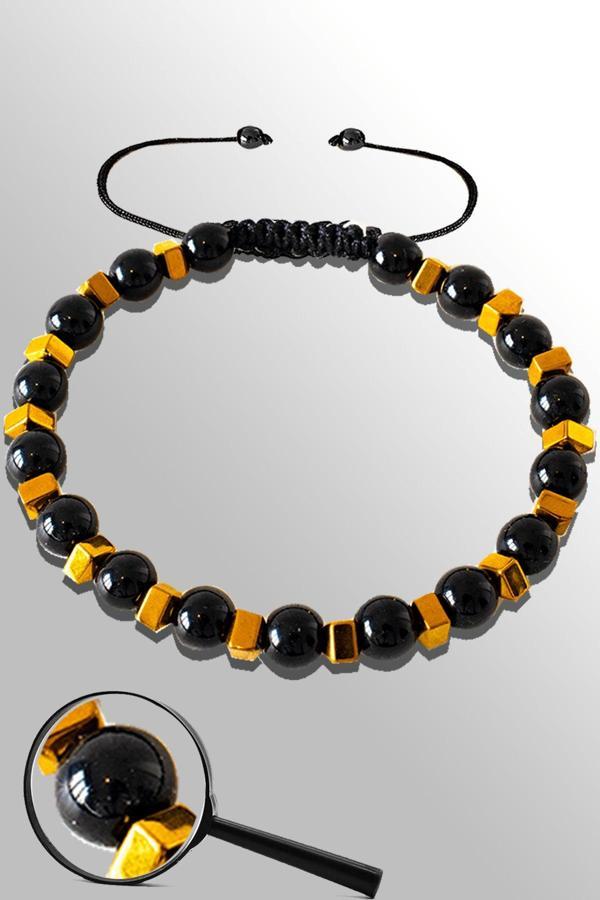 Sertifikalı Gold Falezli Siyah Obsidyen Taşı Bileklik - Ayarlamalı - Image 1