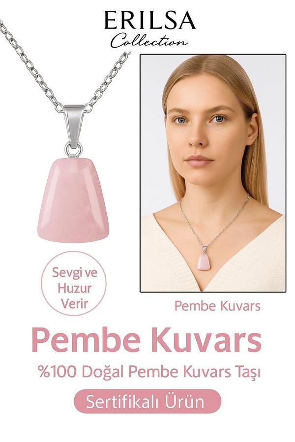 Sertifikalı AAA+ Pembe Kuvars Taşı Kolye – Beşgen Model, Gümüş Aparatlı - Image 1