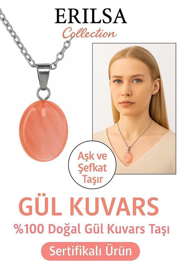 Sertifikalı Gül Kuvars Taşı Doğal Taş Kolye Gümüş Aparat Kalbi Yumuşatır Sevgi Enerjisini Güçlendir - Image 1