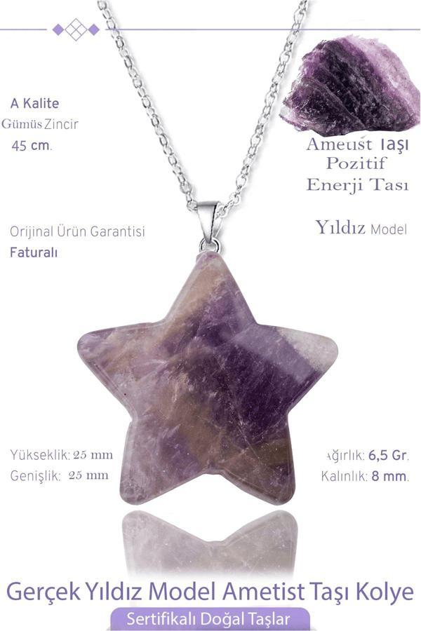 Sertifikalı Gerçek Yıldız Model Ametist Taşı Kolye - Gümüş Aparatlı - Image 1