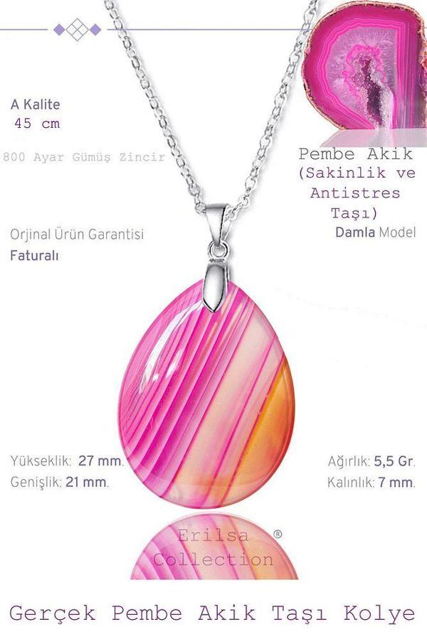 Sertifikalı Damla Model Pembe Akik Taşı Kolye (Gümüş Aparatlı) - Image 1