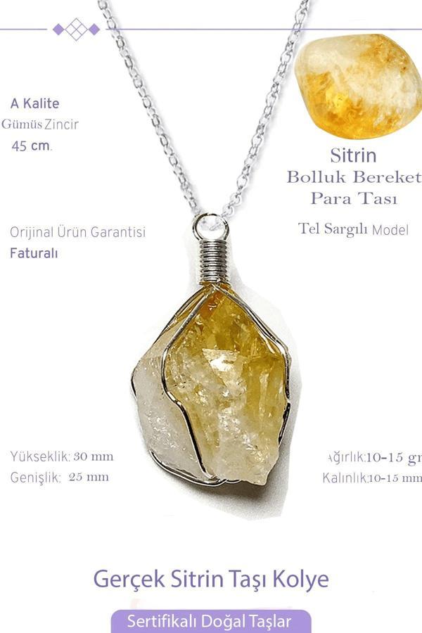 Sertifikalı Gerçek Tel Sargılı Ham İşlenmemiş Sitrin Taşı Kolye - Image 1
