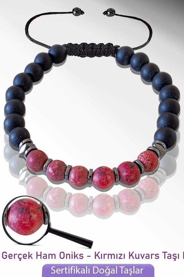 Sertifikalı Doğal Ham Oniks - Kırmızı Kuvars Taşı Bileklik - Ayarlamalı - Image 1