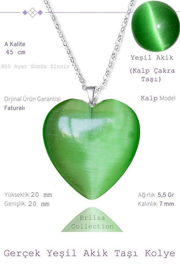 Sertifikalı Kalp Model Yeşil Akik Taşı Kolye (Gümüş Aparatlı) - Image 1