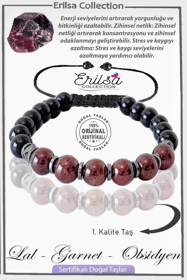 Sertifikalı Gerçek Obsidyen - Lal - Garnet - Granat Taşı Bileklik - Image 1