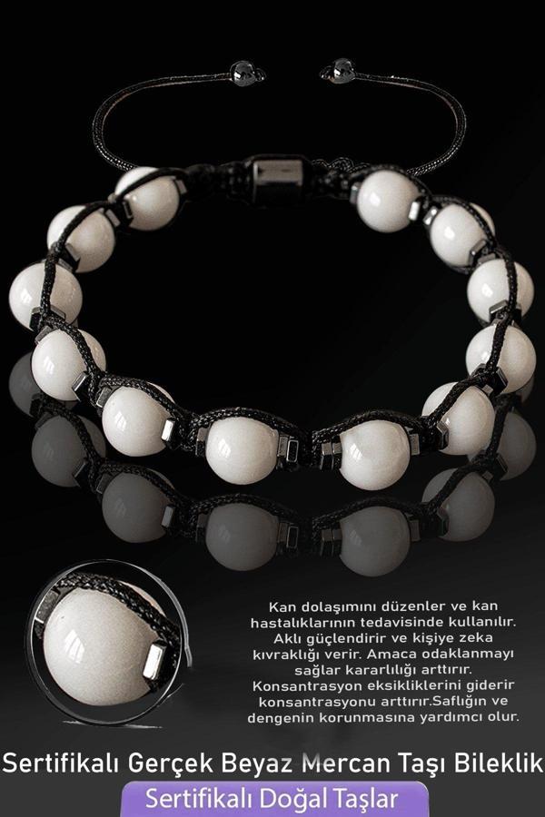 Sertifikalı Boyasız Gerçek Beyaz Mercan Taşı Bileklik - Ayarlamalı - Image 1