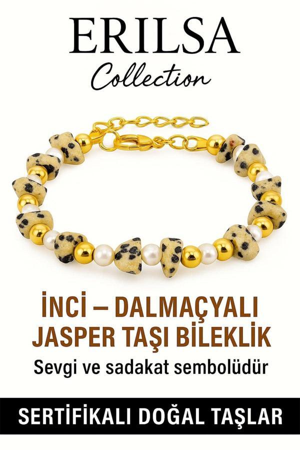 Sertifikalı İnci ve Dalmaçyalı Bıldırcın Jasper Taşı Bileklik – Enerji ve Denge - Image 1
