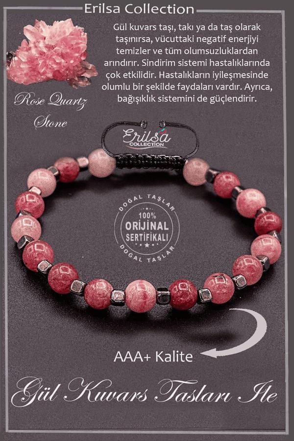Sertifikalı AAA+ Kalite Gerçek Terahertz - Gül Kuvars Taşı Bileklik (Rose Quartz) - Image 1