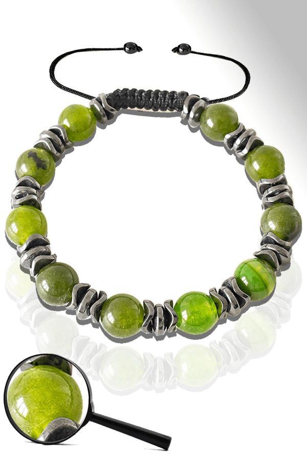 Sertifikalı Silver Hematitli Fıstık Yeşili Akik Taşı Bileklik - Ayarlamalı - Image 1
