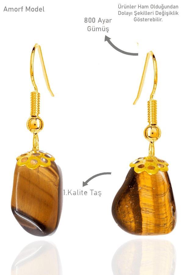 Sertifikalı Amorf Model Ham Kaplan Gözü Taşı Küpe - Gold Renkli - Image 1