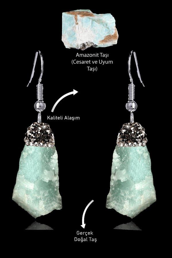 Sertifikalı Zirkon Taşlı Model Ham İşlenmemiş Amazonit Taşı Küpe - Image 1