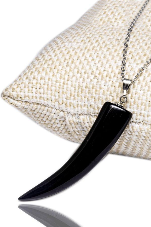 Sertifikalı Boynuz Kesim Doğal Obsidyen Taşı Kolye Doğal Siyah Renk 45 cm - Image 1