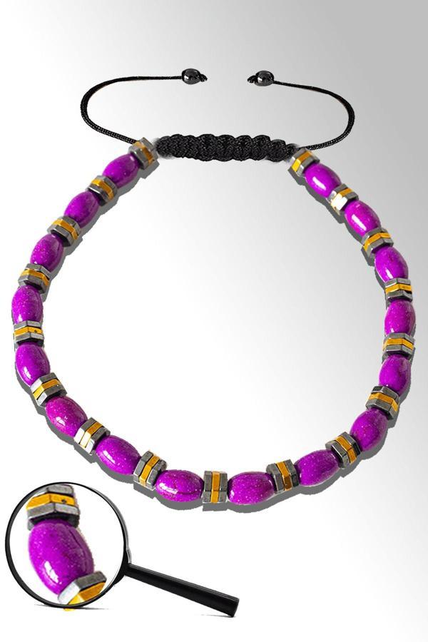 Sertifikalı Beyzi Gold Silver Hematitli Mor Sedef Taşı Bileklik - Ayarlamalı - Image 1