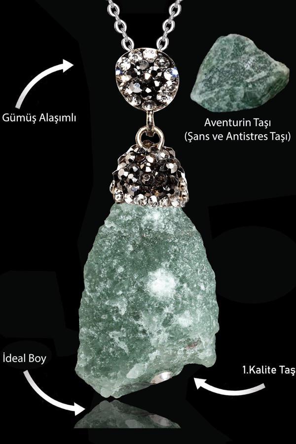 Sertifikalı Zirkon Taşlı Ham İşlenmemiş Aventurin Taşı Kolye - Image 1