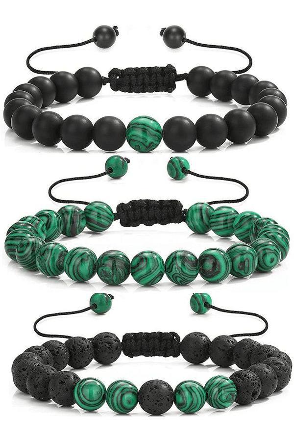 Sertifikalı Doğal Malahit Oniks Lav Taşı Üçlü Bileklik Seti - Image 1