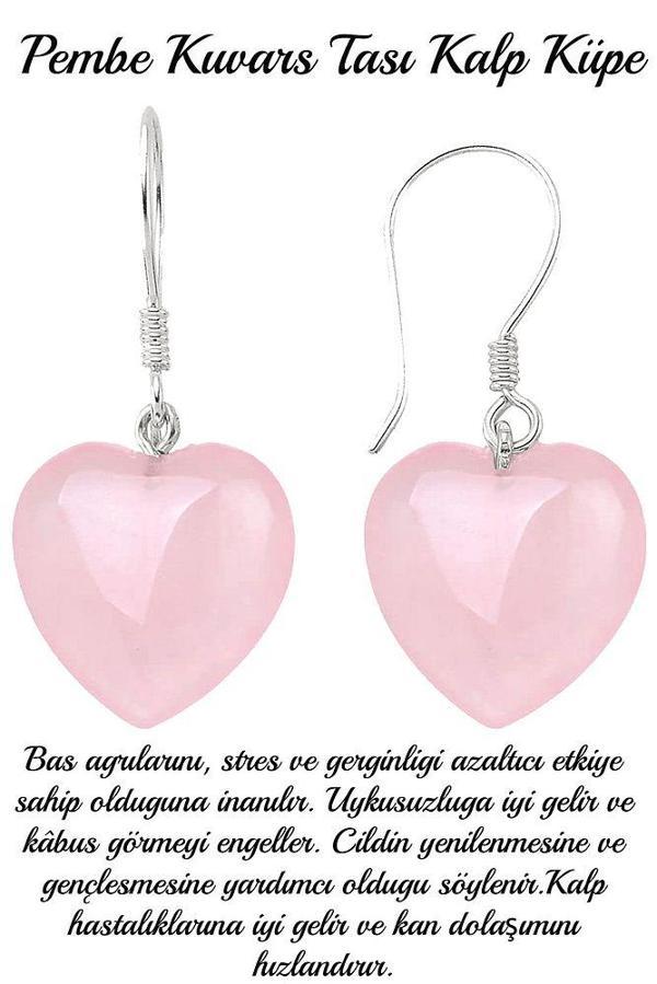 Sertifikalı Kalp Kesim Pembe Kuvars Taşı Doğal Taş Küpe - Image 1