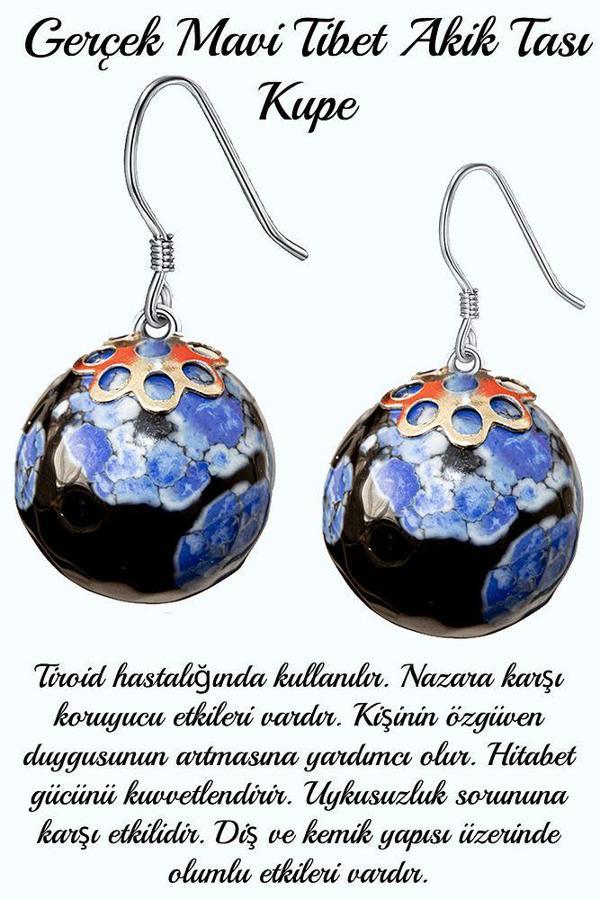Sertifikalı Mavi Siyah Tibet Akik Taşı Doğal Taş Küpe - Image 1