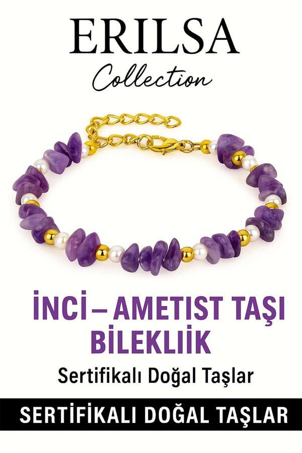 Sertifikalı Kırık Taşlı Model İnci – Ametist Taşı Bileklik – Sakinlik ve Ruhsal Denge - Image 1