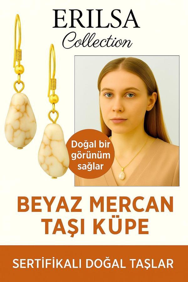 Sertifikalı Altın Renkli Beyaz Mercan Taşı Küpe – Saflık, Huzur ve Zarif Enerji Taşı - Image 1