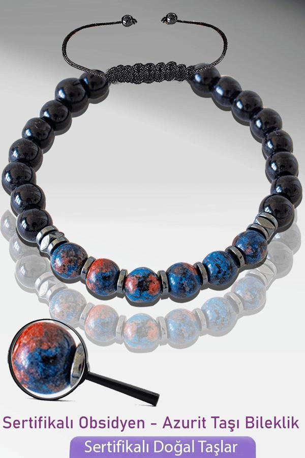  Sertifikalı Gerçek Doğal Obsidyen - Azurit Taşı Bileklik - Ayarlamalı - Image 1