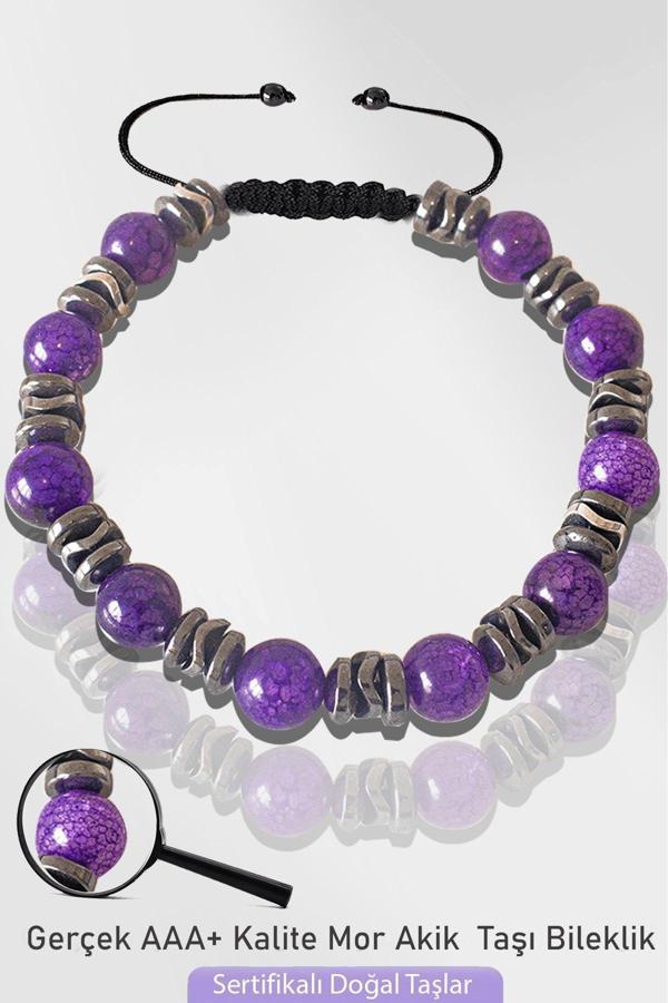 Sertifikalı Silver Hematitli Doğal Damarlı Mor Akik Taşı Bileklik - Ayarlamalı - Image 1