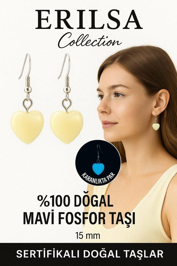 Sertifikalı Kalp Model Mavi Fosfor Taşı Küpe – Parlayan Enerji ve Ruhsal Canlılık Taşı - Image 1