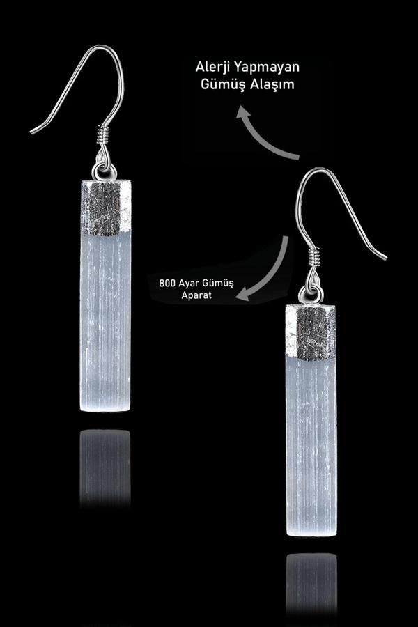 Sertifikalı Ham İşlenmemiş Selenit Taşı Küpe - Gümüş Aparatlı - Image 1