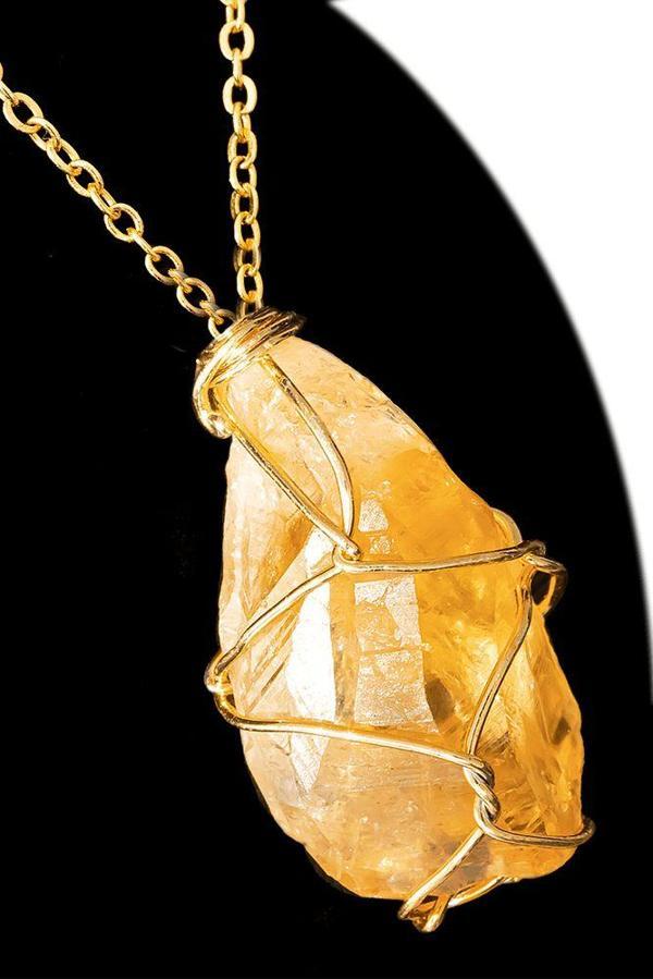 Sertifikalı Ham İşlenmemiş Gold Sitrin Taşı Kolye - Tel Sargılı - Image 1