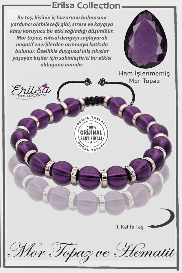 Sertifikalı Ham İşlenmemiş Hematit - Mor Topaz Taşı Bileklik - Image 1