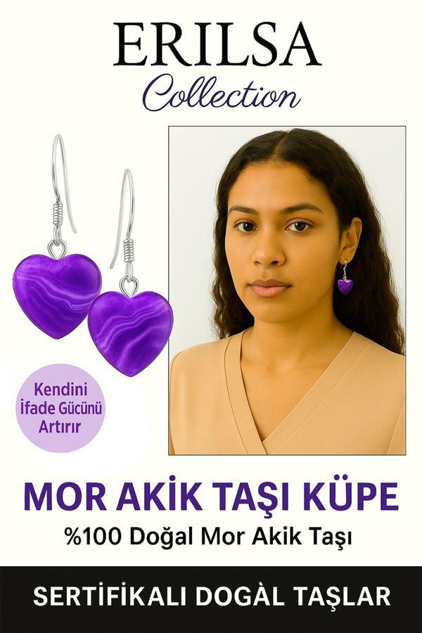 Sertifikalı Kalp Model Mini Mor Akik Taşı Doğal Taş Küpe – Koruma, Denge ve Ruhsal Şifa Taşı - Image 1