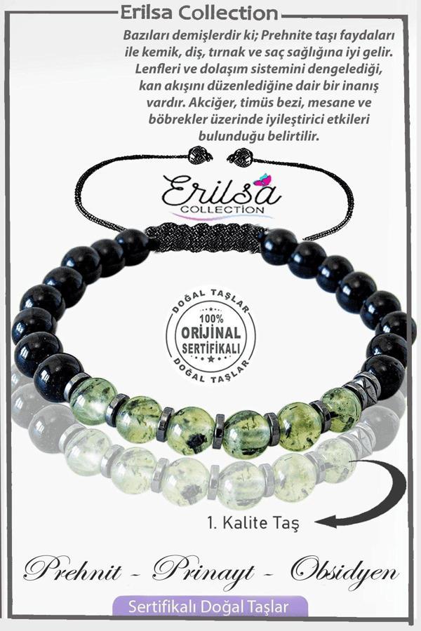 Sertifikalı Gerçek Obsidyen - Prehnit - Prinayt Taşı Bileklik - Image 1