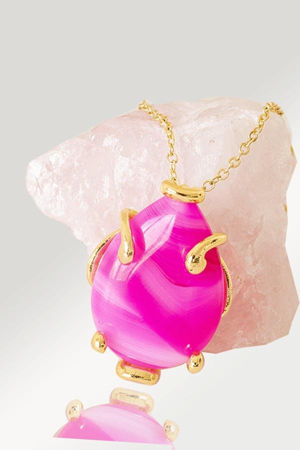 Sertifikalı AAA+ Damla Tırnaklı Pembe Akik Taşı Kolye - Altın Renkli - Image 1