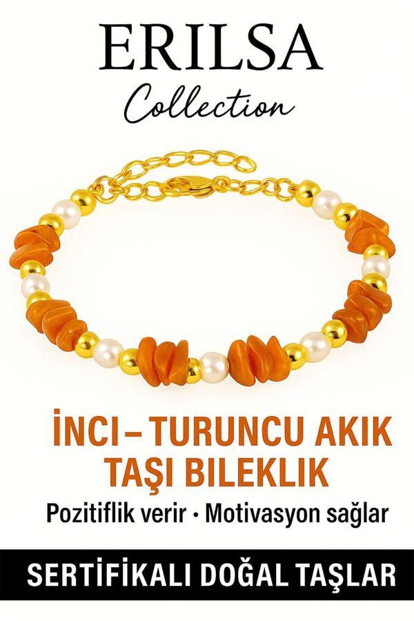 Sertifikalı İnci ve Turuncu Akik Taşı Bileklik – Enerji ve Zarafet - Image 1