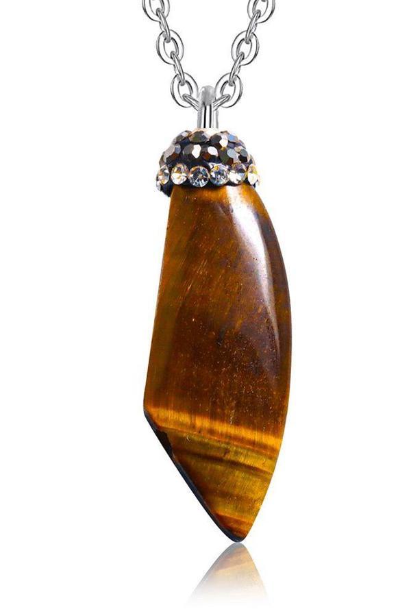 Zirkon Işlemeli Doğal Kaplan Gözü Taşı Kolye - Image 1