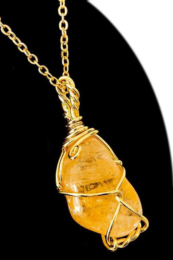 Sertifikalı Tamburlanmış Tel Sargılı Sitrin Taşı Kolye - Altın Kaplama - Image 1