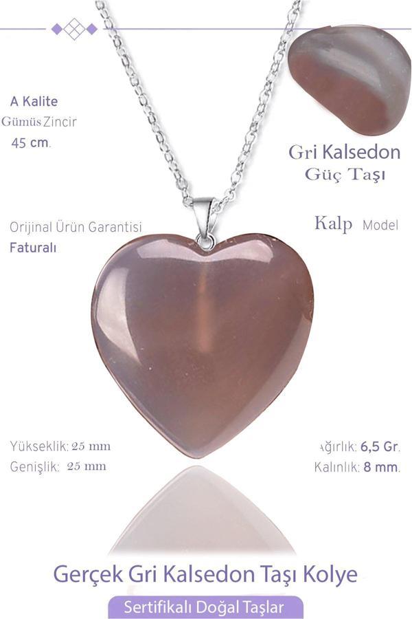 Sertifikalı Gerçek Kalp Model Gri Kalsedon Taşı Kolye - Image 1
