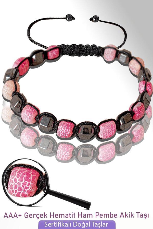Sertifikalı Küp Model Ham Pembe Akik Taşı Bileklik - Ayarlamalı - Image 1