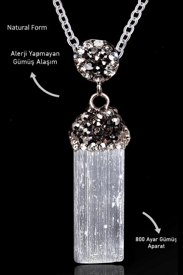 Sertifikalı Zirkon Taşlı Model Ham İşlenmemiş Selenit Taşı Kolye - Image 1